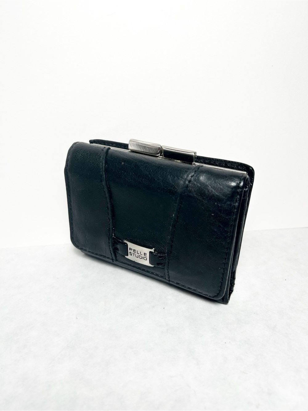 Pelle Studio Genuine Leather Black Trifold Wallet with Kiss Lock EUC